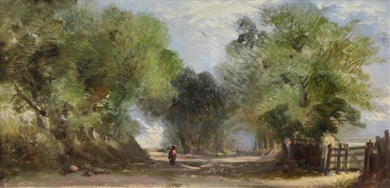Attributed to Abraham Hulk Figure on a tree-lined lane 7 x 13.75in.